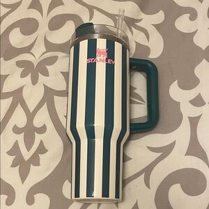 Stanley Green and White Striped Tumbler with Handle